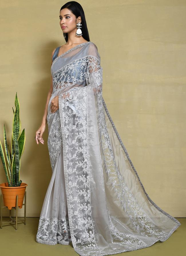 Organza Satin Silk Grey Wedding Wear Embroidery Work Saree